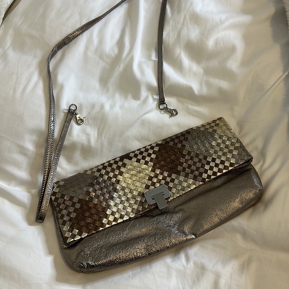 Elliot Lucca Gold Silver Leather Clutch Convertible Shoulder Bag - Picture 7 of 8